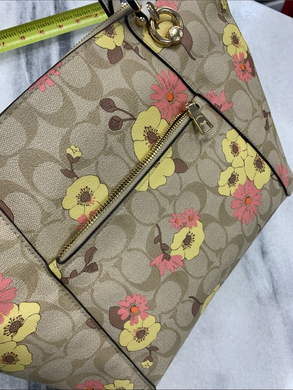 Coach Beige Signature Floral Tote with Yellow & Pink Blooms - Picture 4 of 7